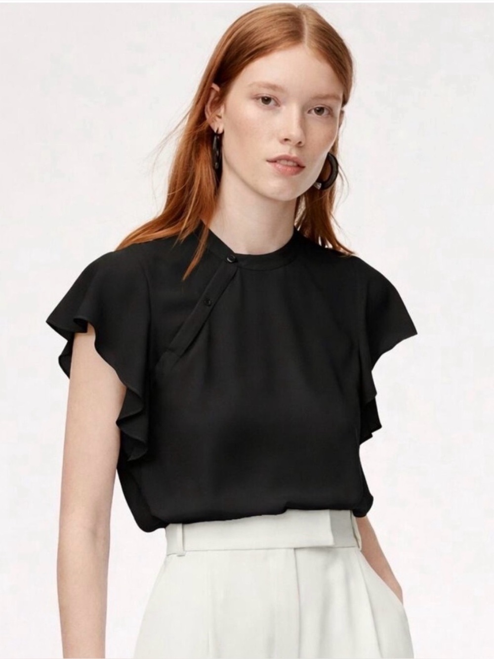 Babaton Black Cian Asymmetric Button Flutter Sleeve Blouse Size M